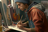 Young man looking at a piece of art and drawing on a sheet of art paper. He’s wearing a knit hat, a hoodie sweater, and denim overalls.