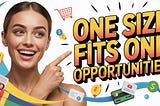 cover image with a lady pointing to bold text that reads, “one size fits one opportunities”