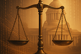A realistic digital illustration showing the scales of justice balanced against flowing streams of digital code. Warm golden light radiates from the center, casting a hopeful glow. In the background, the dome of the Washington State Capitol appears subtly behind translucent data visualizations. The image blends technology with civic gravitas, evoking themes of integrity, law, and emerging AI governance.
