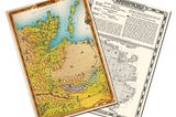 front and back of a map ─ the front side is a colour illustration of the north-eastern portion of a continent, the rear side is black and white with details and a larger map illustration