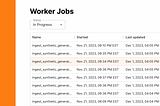 A screenshot of an internal dashboard for Singularity Energy that shows jobs in a table format, including their status and percentage complete.