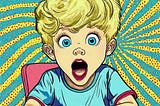 pop art, beautiful boy with golden hair and blue eyes at dinner table, burping with mouth wide open