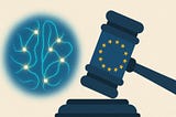 Illustration showing a stylized blue neural network brain on the left facing an EU-branded gavel on the right, symbolizing the regulation of artificial intelligence under the European Union’s AI Act. The neural network has glowing connection points, while the gavel features the circle of yellow stars from the EU flag.