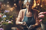 An older woman at a potting bench with flowers and stardust.