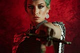 a stylized woman assumed to be a princess or knight with light armor, facing forward, pointing a sword at the camera, short green hair, earrings and metal crown and necklace, black and red background, stern and concentrated look