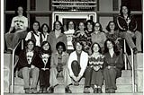Marybeth Jacobson, Jour ’81 (front row, second from left) and her classmates posed for a dorm “wing” photo outside O’Donnell Hall in spring of 1978