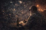 Ran Kime, author of psychological noir and literary fiction, writing at his desk. His work explores memory, addiction, grief, and identity through dark, emotionally grounded storytelling set in working-class Boston environments.