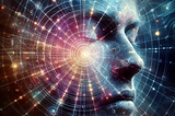 A robotic-like picture of a female human face with many lights coming out of the centre of her face giving it a ‘technological’ feel to it