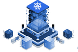 Isometric illustration of a futuristic Kubernetes infrastructure concept, showcasing a central data center symbolized by a large building with the Kubernetes logo on top, surrounded by smaller buildings representing networked nodes, highlighting Kubernetes as a scalable enterprise solution for cloud computing and container orchestration, designed by JUTEQ