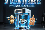 Six animated talking object AI characters on a studio desk representing the 3-output AI video prompt framework used to create 50 viral videos in one week