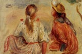 Painting by Pierre-Auguste Renoir (1841–1919). It showcases two girls sitting side by side, their backs to the viewer. One wears a light-colored dress, the other a red dress with a hat. Both gaze into the distance, seemingly engaged in conversation.