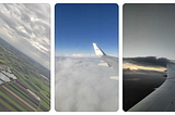 Flight window views stacked together, showing view for cities, clouds, greenery, and sea view