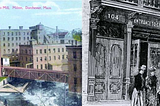 Old-timey illustrations, left to right, Walter Baker Chocolate Factory in Lower Mills area of south Boston and a New York City rescue mission.