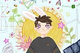 A colored-pencil looking illustration of a figure that resembles Yim with bunny ears, surrounded by various positive AI innovations: public transit, languages, a tornado, solar panels, microchips, DNA, water molecules, plants, sunshine, and coral reefs.