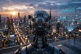 The back of a robot’s head and shoulders, looking out over a city landscape. A transparent hovering box is in the corner, labeled ‘Values analysis’ with a series of unlabeled graphs displayed.