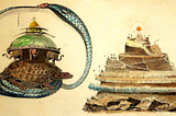 Grabado occidental sobre acero del mítico monte Meru de la cosmogonía hindú, coloreado posteriormente (origen desconocido, sobre 1855)