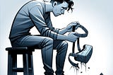 A cartoon of a sad and dejected man sitting with a broken Vision Pro headset in his lap