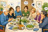 family having dinnner and no one can follow the conversation. Seven people look baffled