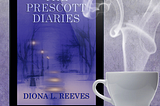 A cup of coffee with The Prescott Diaries novel visible on an e-reader