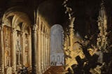 Painting with a scene of a pristine cathedral on the left and tumbling ruins on the right.
