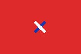 A simple X shape in blue and white on a red background.