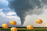 A photo of a tornado surrounded by potatoes