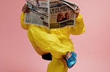 A man in a protective suit reads a newspaper