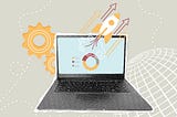 An illustration of a rocket launching from a laptop screen.