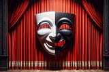 A stage with a closed red curtain, with a theatrical mask in front of it that is half white and half black.
