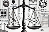 A black and white pencil sketch of a balance scale symbolizing decentralized finance (DeFi) under IRS regulatory scrutiny, with blockchain nodes in the background.