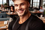 Muscular waiter in black t-shirt