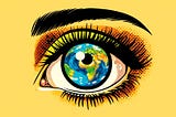 A poster of a eye with the earth/globe as the iris