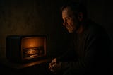A man sits solemnly in dim light, hands clasped, facing a glowing vintage radio on a wooden table.