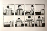 A grid of 8 comics panels, showing a man at their desk thinking and drawing a comics. Illustration by Adam Westbrook