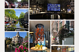 A collection of Amsterdam photos. On the far left from top to bottom: canal parade, a canal with trees and houses, the view on a canal from a bridge with flowers; the top right corner: a  bridge in the dark with light installation; the middle: an interior with violins hanging from the ceiling; on the far right from top to bottom:  the snapshot of a house doorstep with stairs and a flower bush, detail of a wall with yellow tiles.