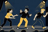 Three improv performers on stage fall out of sync — one confused, one hesitant, and one walking off — while an audience watches under stage lights.