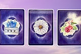 Three oracle pick a card piles: pile 1 — blue flowers, pile 2 — white flower, and pile 3 — pink flowers