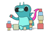 A drawing of Sparky the boldstart mascot stacking building blocks.
