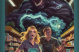 Perky clerks get goosebumps in aisle 5 as the demonic Boss Monster rises up behind them with comedy horror overtones.
