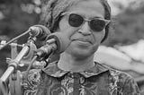 Photograph shows Rosa Parks, one of the speakers at a rally near the Washington Monument, Washington D.c. on June 19, 1968 held as part of the Poor People’s Campaign.