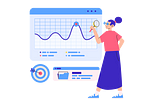 An illustration of a girl showing data visuals in a screen