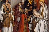 A painting depicting three magi presenting their gifts. Mary holds the baby Jesus, while Joseph stands in the background. One magus is kneeling (and has already handed his gift to Joseph, who holds it). Another reaches out with his gift.