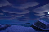 Pictured: a screenshot taken in Animal Crossing New Horizons. Night sky with clouds and moon above, rocks and ocean beneath.