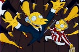 A screenshot of The Simpsons depicting Burns and Smithers from a high angle. Mr. Burns holds his hands up above his head and smiles widely, while Smithers kneels beside him and grins. Smithers is wearing a red-and-white suit, holding a cane in one hand and a hat in the other.