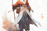 A humanoid figure in draped robes stands in contemplation. She has long white hair and an arched, fractal scar on one cheek. She carries a tall, polished walking cane and carries a bag on one hip.