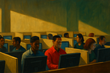 Workers in Cubicles. One stands out amongst the rest.