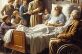 An elderly man in a hospital bed surrounded by family