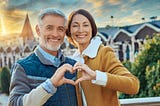 AI image of a man and woman making a heart symbol with their hands.