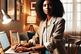 A confident and empowered Black woman sitting at her home office desk, working on her laptop. ChatGPT generated based on author description