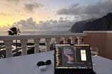 Working with the cliffs of Los Gigantes, Tenerife in the evening as a backdrop with a beautiful view of the Atlantic Ocean.